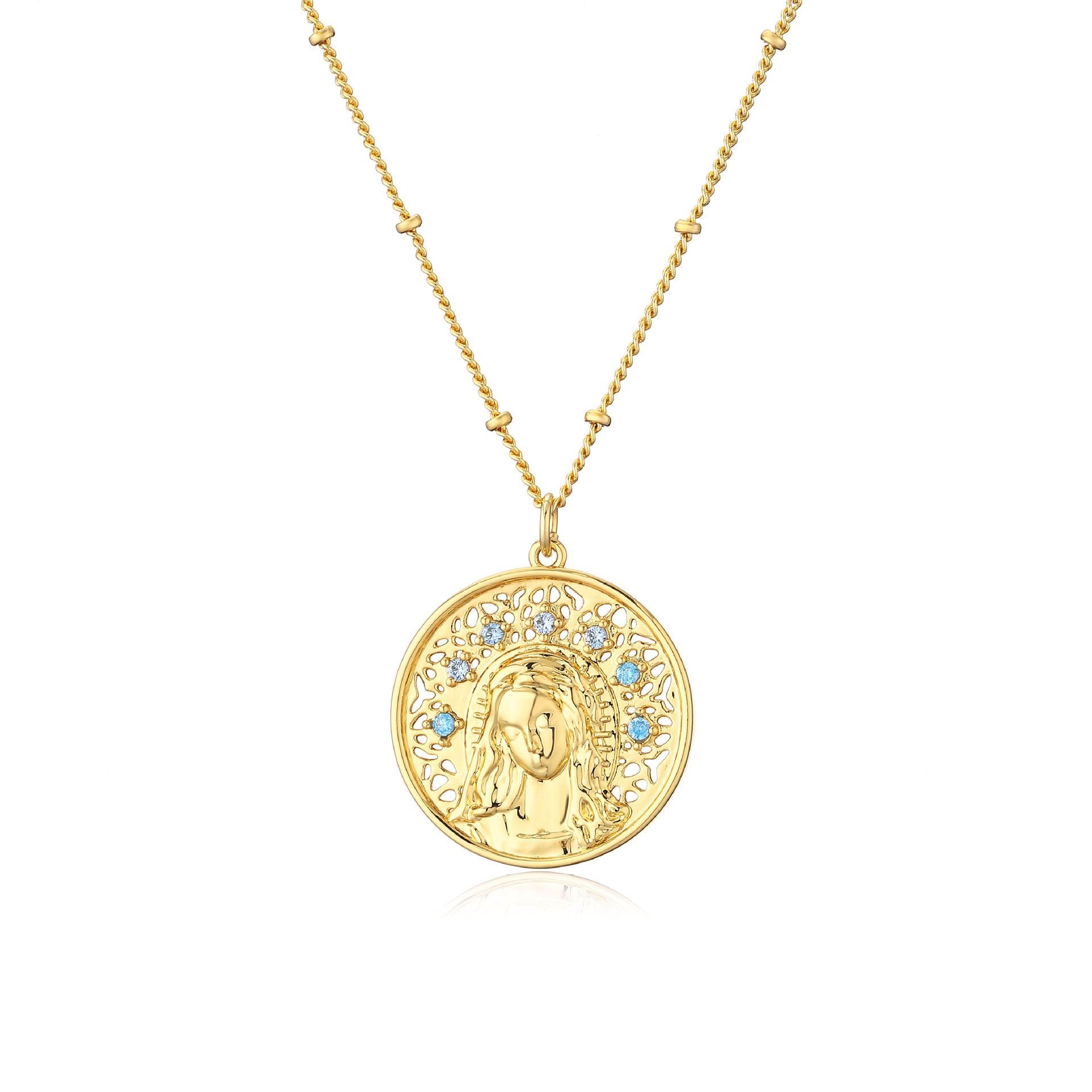 Collar con colgante de medalla de diamante aguamarina de cobre al por mayor